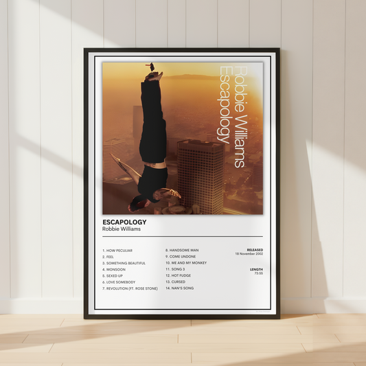A framed music poster for Robbie Williams' album 'Escapology' leaning against a white paneled wall on a light wood floor, with soft window shadows cast across the scene.