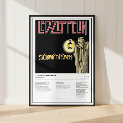 A framed Led Zeppelin 'Stairway to Heaven' poster leaning against a white paneled wall on a light wood floor, with soft window shadows cast across the scene.