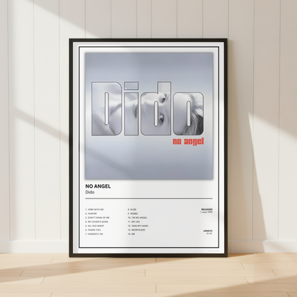 Dido No Angel album print displayed in a modern minimalist living room with black frame.