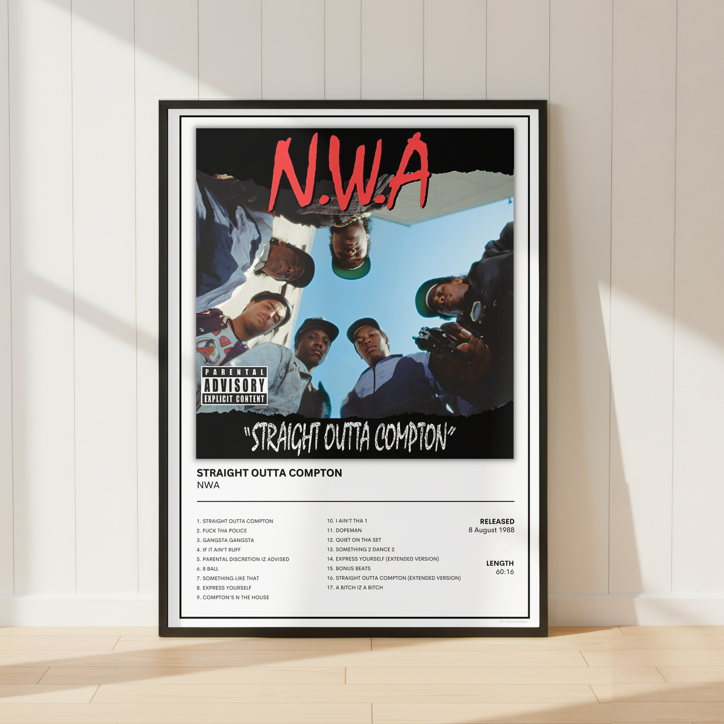 A framed music poster of N.W.A