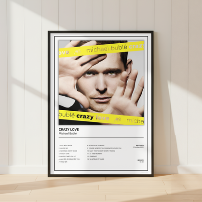 Michael Bublé Crazy Love album print displayed in a bright contemporary living room with a black frame