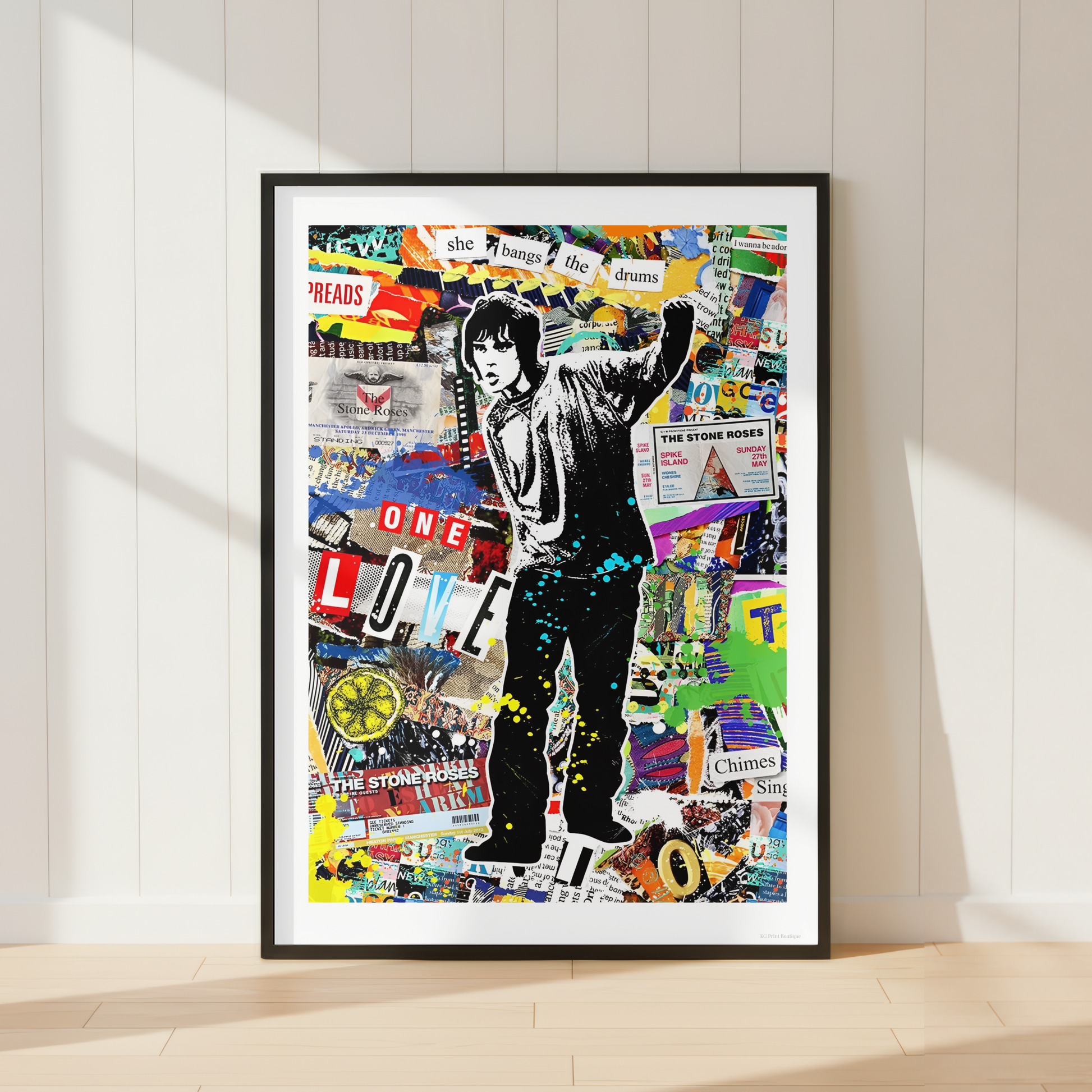 Ian Brown Stone Roses collage print displayed in a contemporary black frame with a wide white mount.