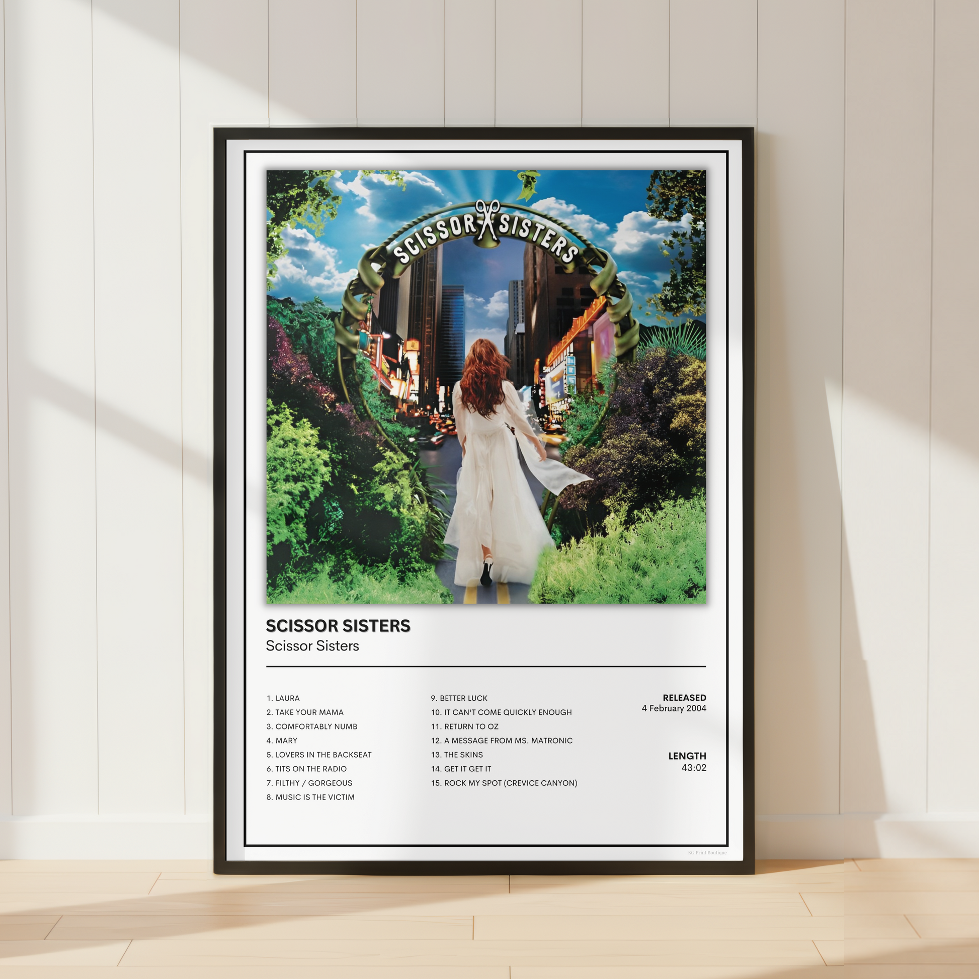 Scissor Sisters self-titled album cover poster displayed in a sleek black frame featuring the iconic artwork and complete album track listing.