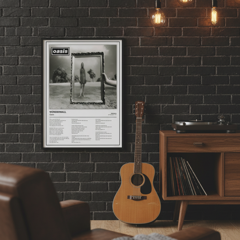 A framed Oasis 'Wonderwall' music poster leaning against a white paneled wall on a light wood floor, with soft diagonal shadows cast across the scene.