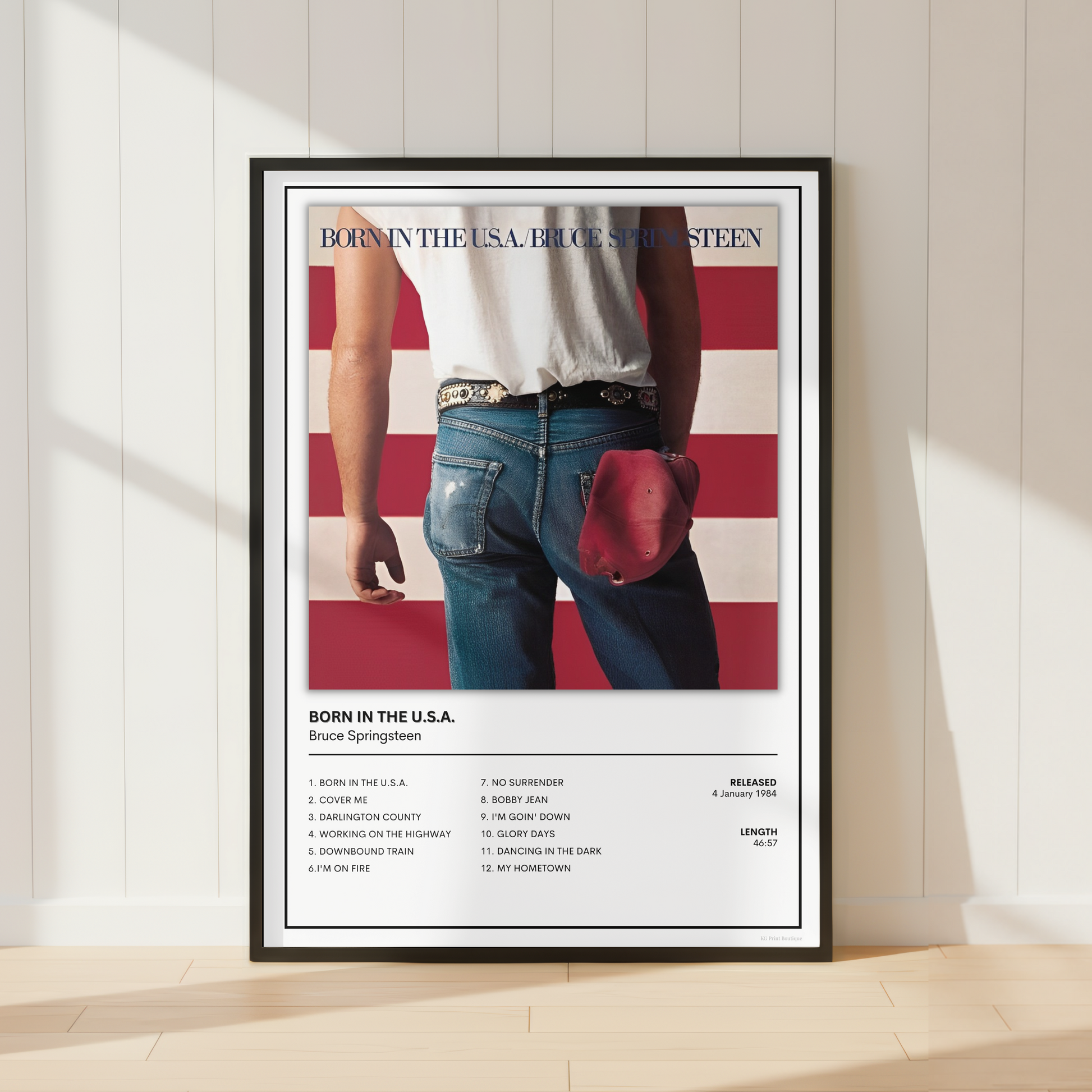 A framed music poster for Bruce Springsteen's 'Born in the U.S.A