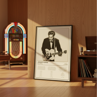 A framed black and white Johnny Cash poster leaning against a wood-paneled wall in a warm, retro-styled living room with a jukebox, chair, and record player.