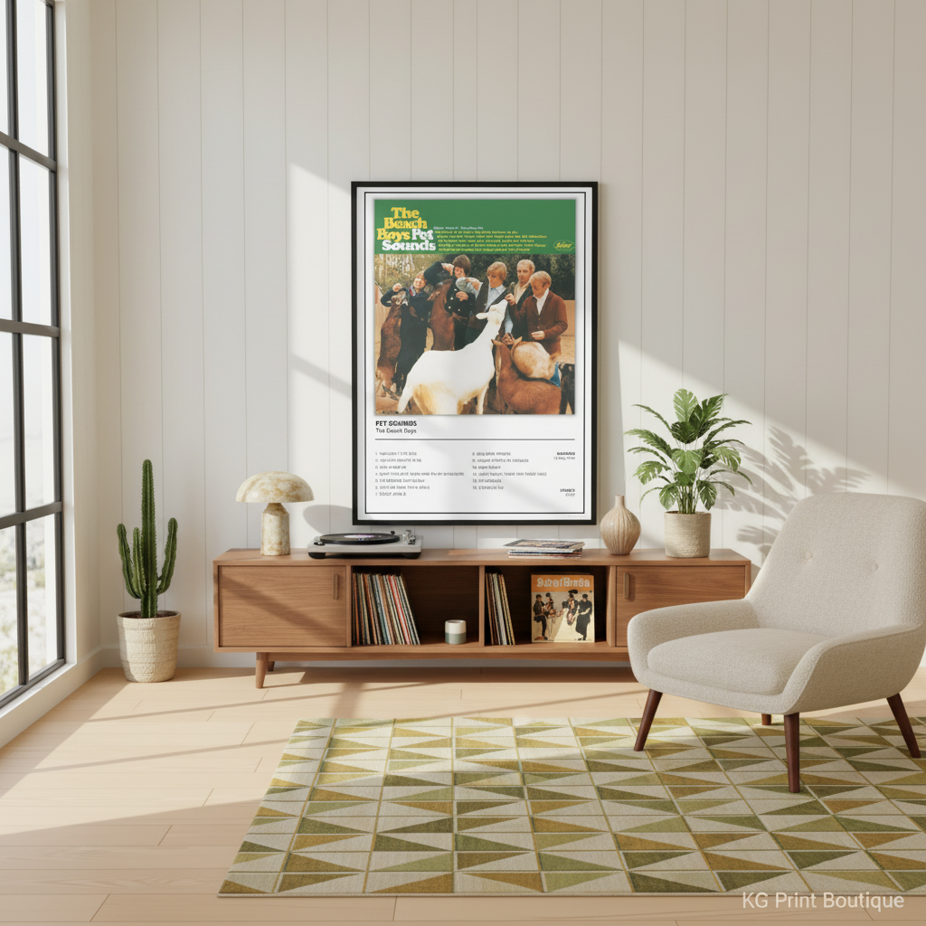 A framed vintage-style poster featuring 'The Beach Boys Pet Sounds' displayed on a white paneled wall above a wooden console table in a modern living room setting.