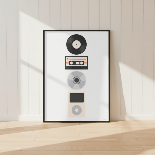 Retro Music Evolution Print – Vinyl, Cassette, CD & iPod Wall Art