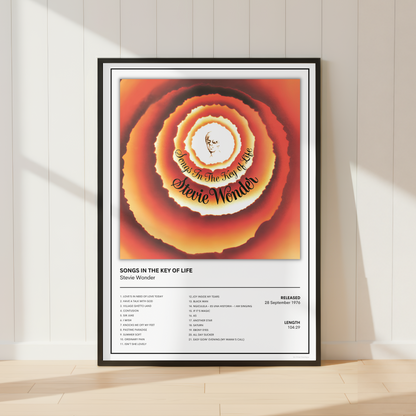 A framed music poster of Stevie Wonder's 'Songs in the Key of Life' leaning against a white paneled wall on a light wood floor, with soft window shadows.
