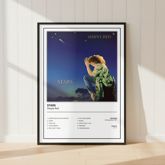 Simply Red Stars album tracklist poster displayed in a bright modern bedroom with a wooden bench, vinyl records, indoor plants and contemporary Scandinavian décor.