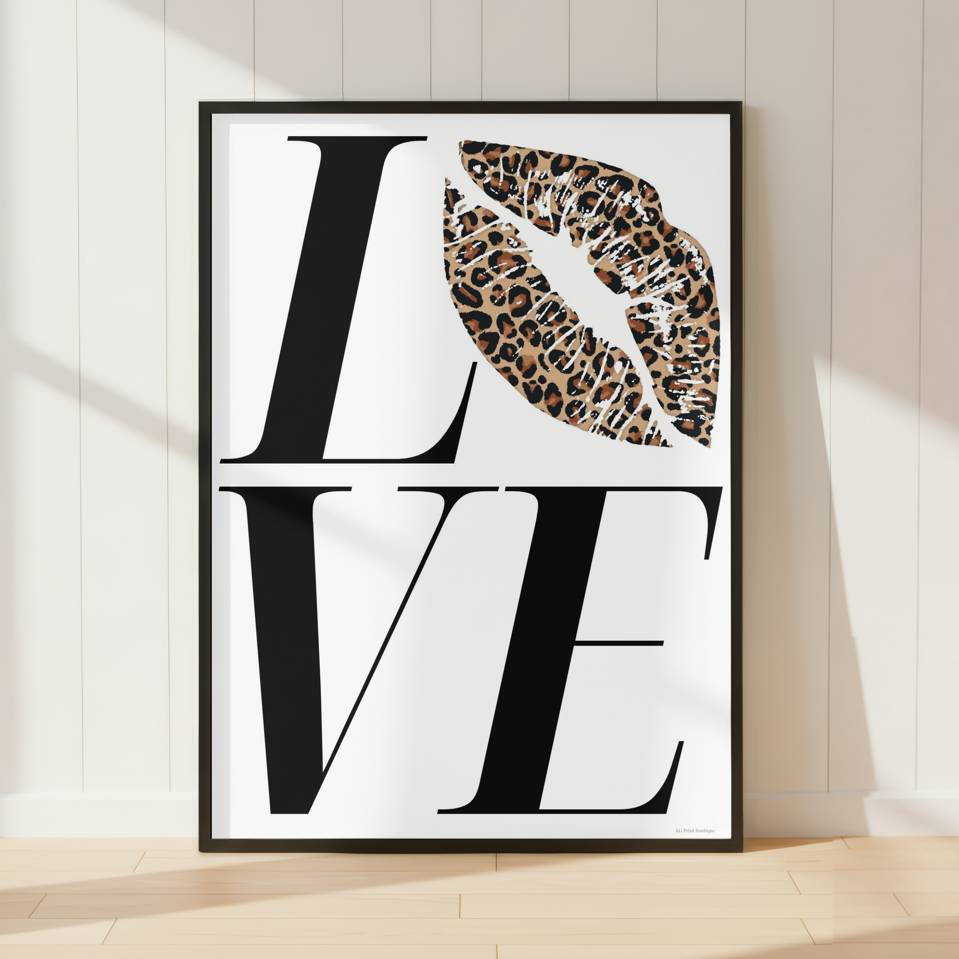 Love wall art print featuring bold black typography and stylish leopard print lips, perfect for luxury fashion inspired interiors.