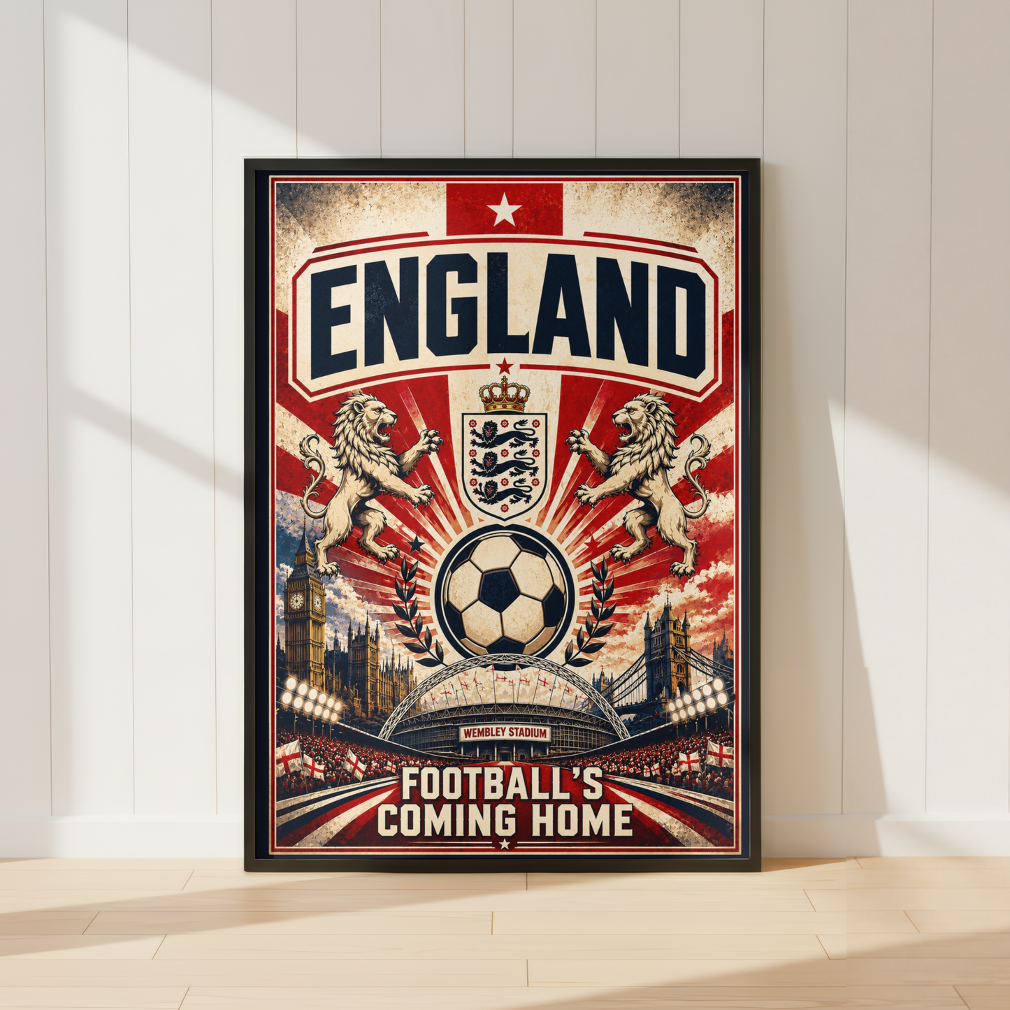England football poster featuring Wembley Stadium and Football's Coming Home slogan in vintage sports style