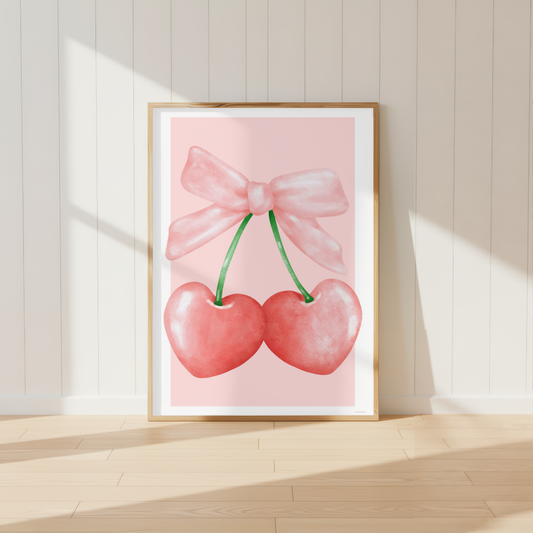 Pink Cherry Hearts with Bow print