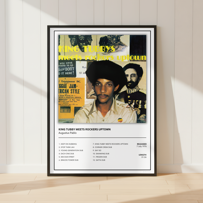 A framed music poster of King Tubby featuring a collage-style portrait and tracklist, leaning against a white paneled wall on a light wood floor.