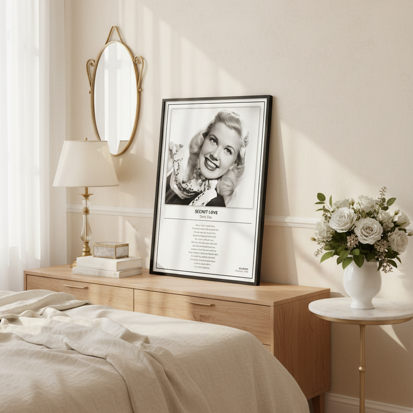 A framed black-and-white music poster of Doris Day's song 'Secret Love' leaning against a white paneled wall on a light wood floor.
