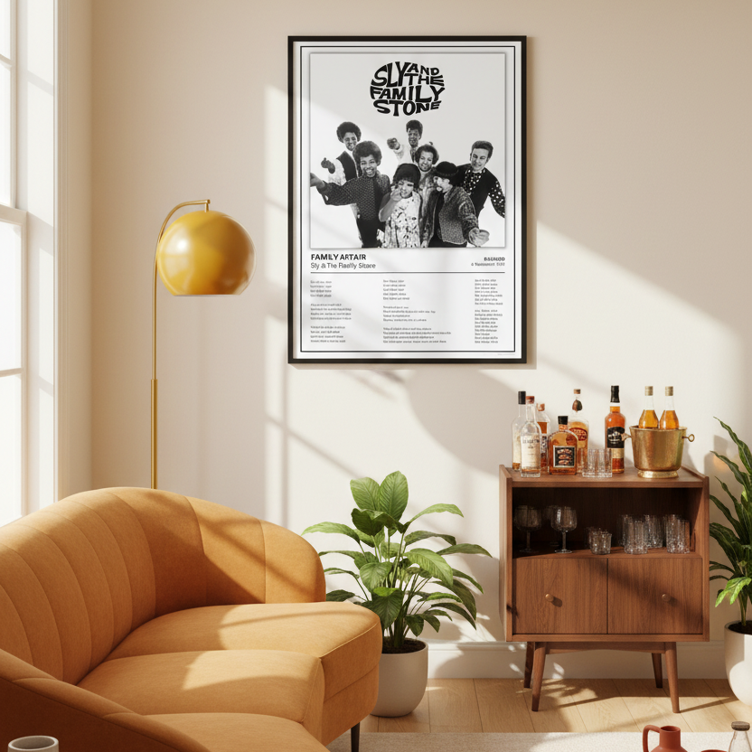 A framed black-and-white music poster for Sly and the Family Stone's 'Family Affair' leaning against a white paneled wall on a light wood floor, with soft window shadows cast across the scene.