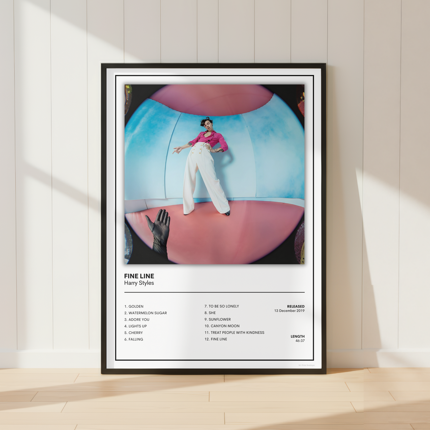 Harry Styles Fine Line album tracklist print in a black frame with minimalist modern wall décor.