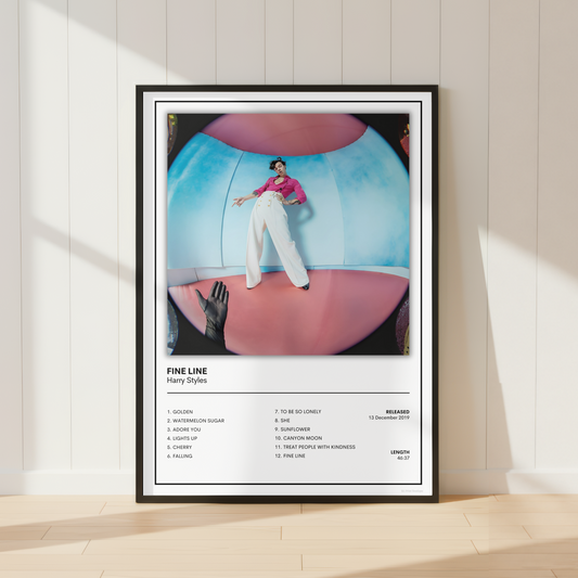 Harry Styles Fine Line album tracklist print in a black frame with minimalist modern wall décor.