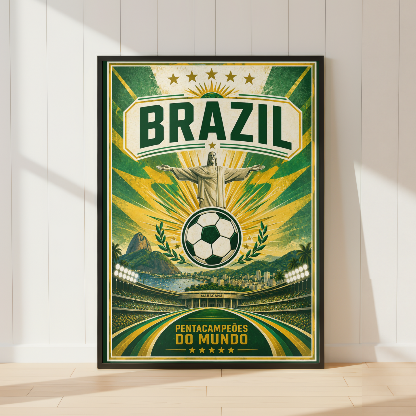 Brazil World Cup football poster featuring Maracana Stadium Christ the Redeemer and vintage football artwork