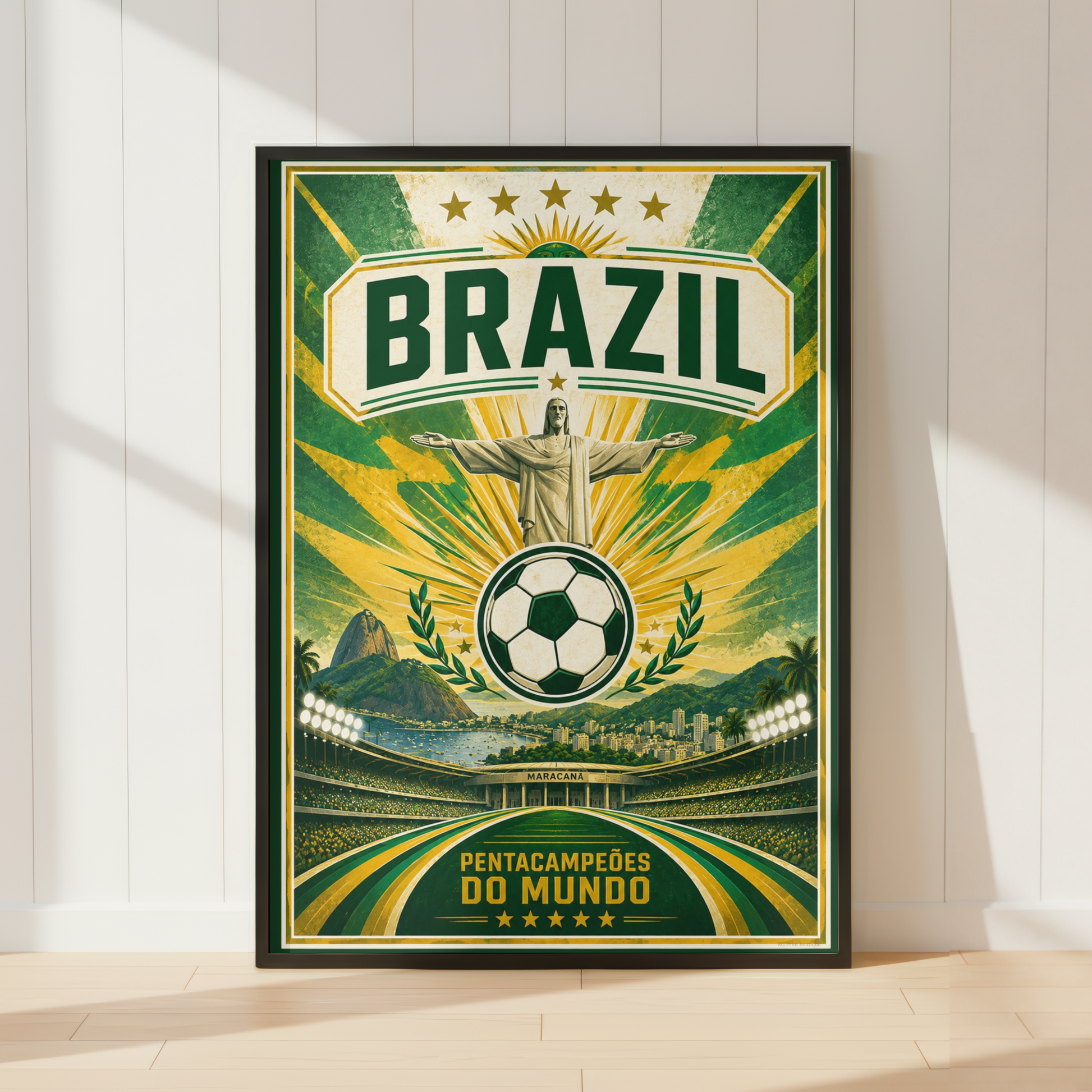 Brazil World Cup football poster featuring Maracana Stadium Christ the Redeemer and vintage football artwork