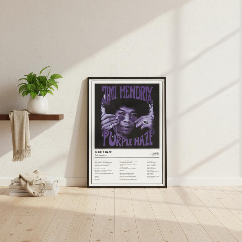 A framed Jimi Hendrix 'Purple Haze' poster leaning against a white paneled wall on a light wood floor, with soft sunlight casting shadows across the scene.