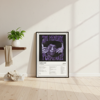 A framed Jimi Hendrix 'Purple Haze' poster leaning against a white paneled wall on a light wood floor, with soft sunlight casting shadows across the scene.