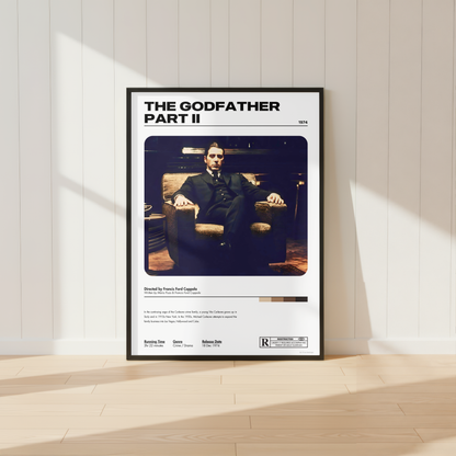 Minimalist The Godfather Part II movie poster print in a black frame styled in a modern neutral interior.