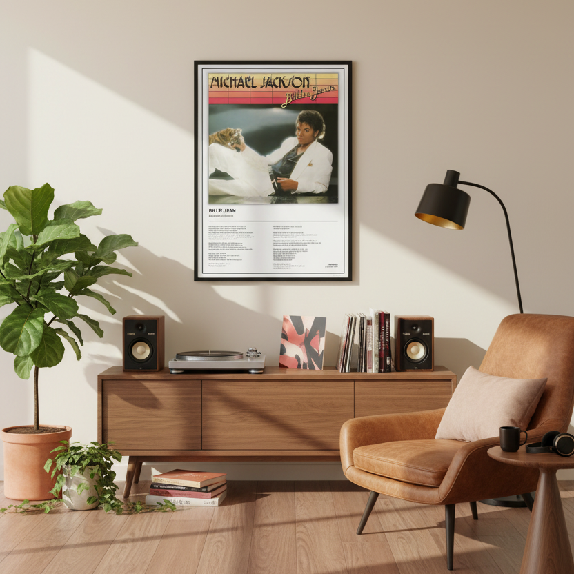 A framed Billie Jean Michael Jackson poster leaning against a white paneled wall on a light wood floor, with soft window shadows cast across the scene.