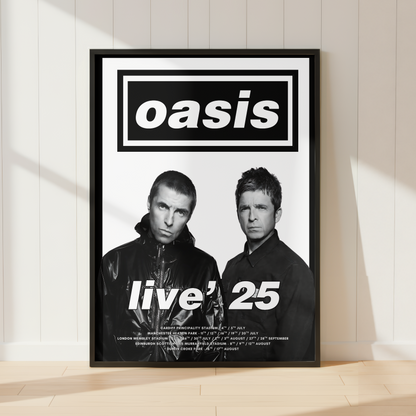 Oasis Live '25 tour poster print in black frame displayed in a modern minimalist living room.
