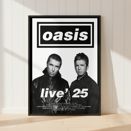 Oasis Live '25 tour poster print in black frame displayed in a modern minimalist living room.