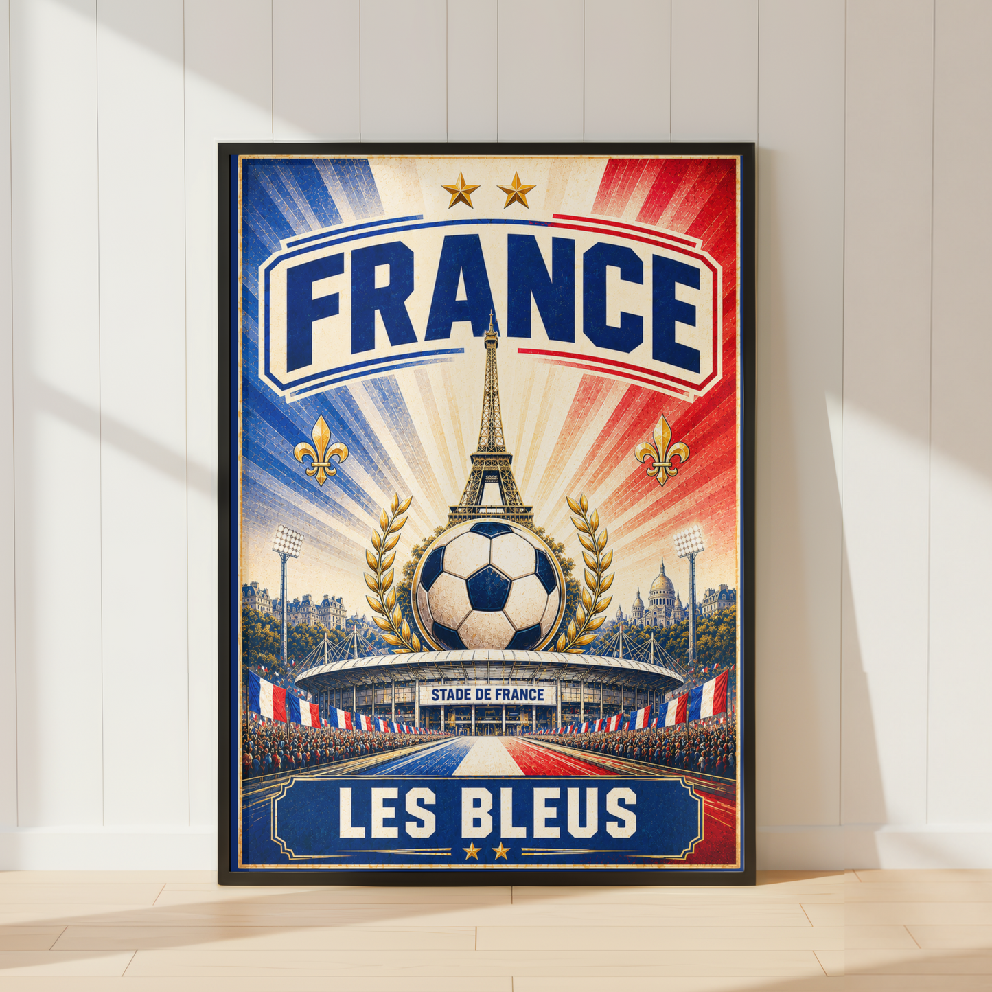 France football poster featuring Stade de France stadium Eiffel Tower and Les Bleus football artwork