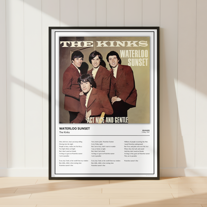A framed music poster of The Kinks' 'Waterloo Sunset' leaning against a white paneled wall on a light wood floor, with soft window shadows cast across the scene.