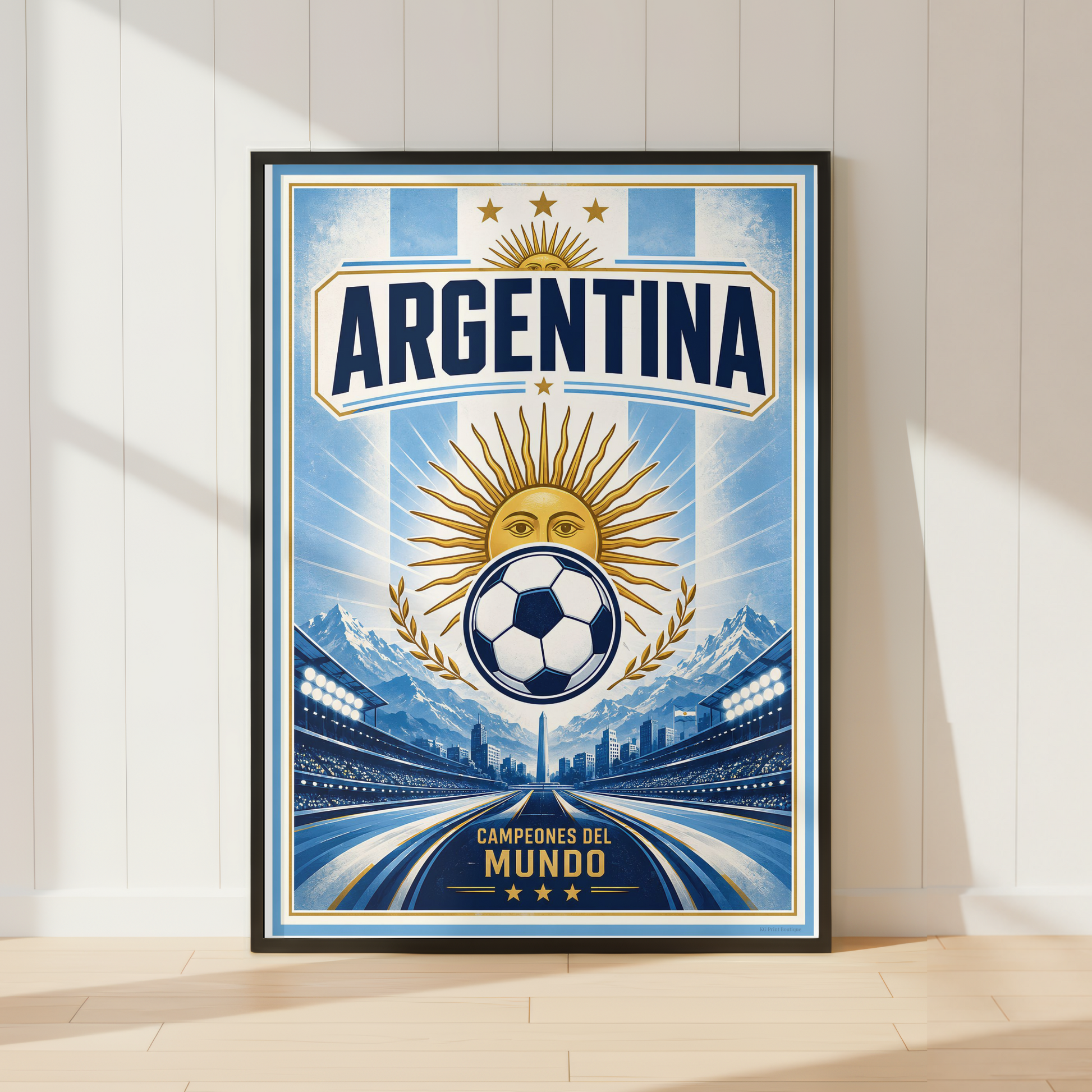 Argentina football poster featuring sky blue and white national colours, championship-inspired artwork and retro sports design displayed in a black frame.