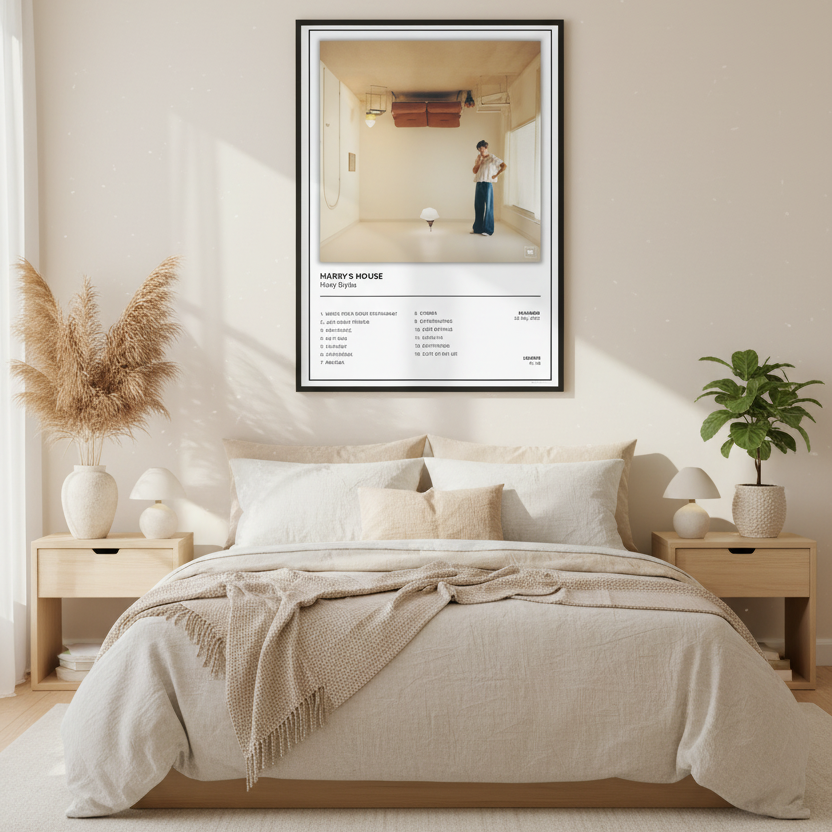 A framed music poster for Harry Styles' album 'Harry's House' leaning against a white paneled wall on a light wood floor. The poster features a black frame, white mat, and a photograph of a man in a minimalist room, with the tracklist printed below.