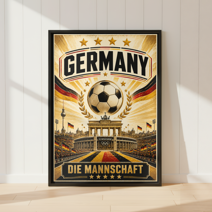 Germany football poster featuring Olympiastadion Brandenburg Gate and Die Mannschaft vintage sports artwork