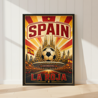 Spain football poster featuring La Roja football artwork with stadium inspired design and vintage styling