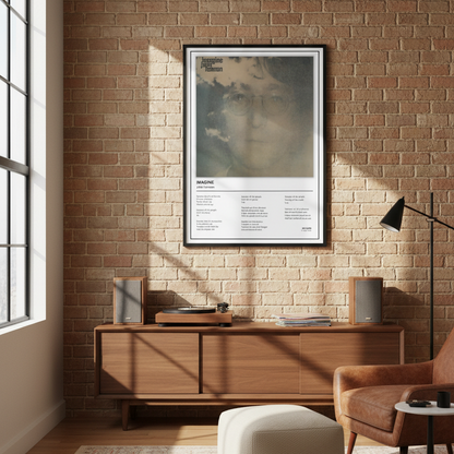 A framed John Lennon 'Imagine' poster leaning against a white paneled wall on a light wood floor, with soft sunlight casting shadows across the scene.