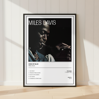 A framed Miles Davis 'Kind of Blue' music poster leaning against a white paneled wall on a light wood floor, with soft sunlight casting shadows across the scene.
