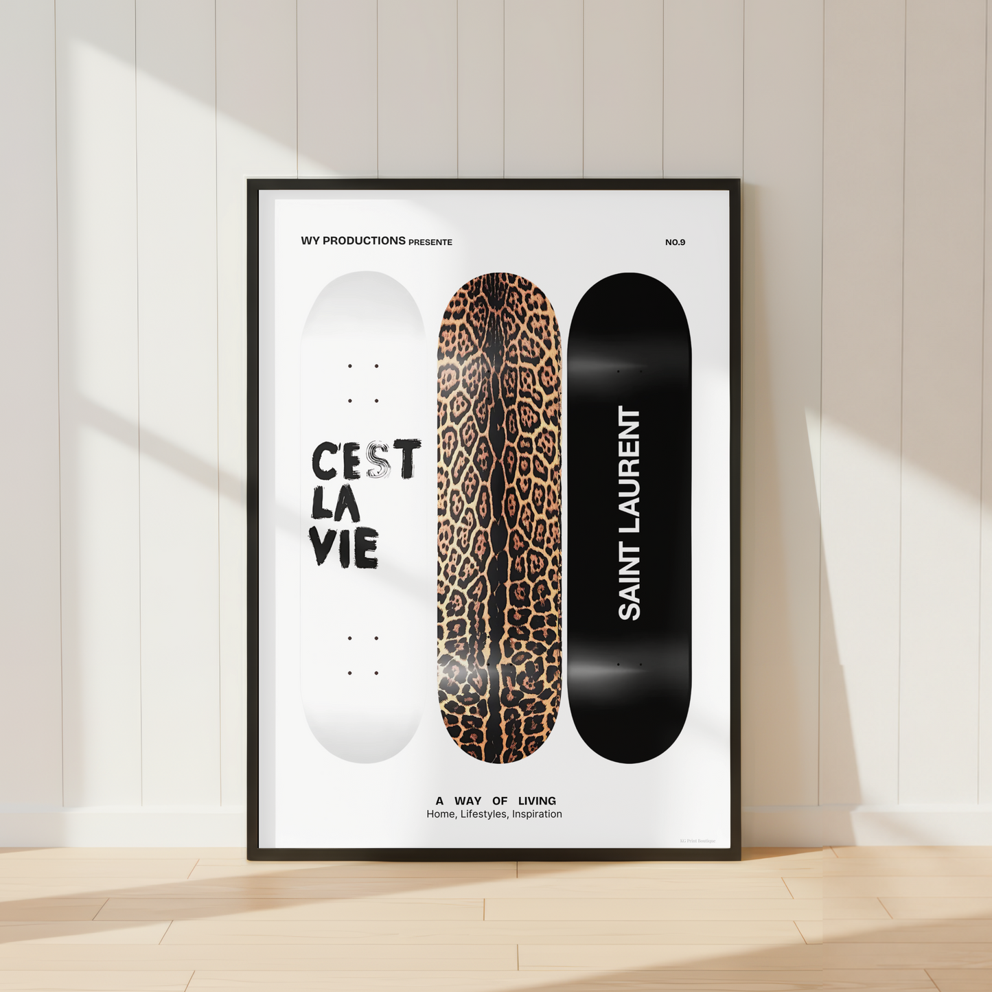 Luxury skateboard wall art featuring monochrome and leopard print decks in a contemporary fashion design.