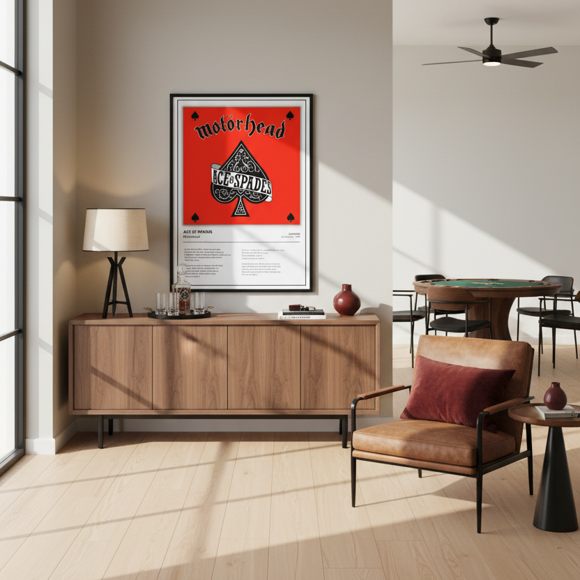 A framed Motorhead 'Ace of Spades' poster leaning against a white paneled wall on a light wood floor, with soft diagonal shadows across the scene.