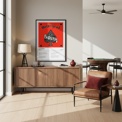 A framed Motorhead 'Ace of Spades' poster leaning against a white paneled wall on a light wood floor, with soft diagonal shadows across the scene.