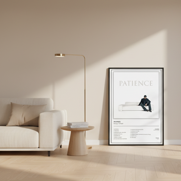 A framed minimalist music poster for George Michael's album 'Patience' leaning against a white paneled wall on a light wood floor, with soft window shadows cast across the scene.