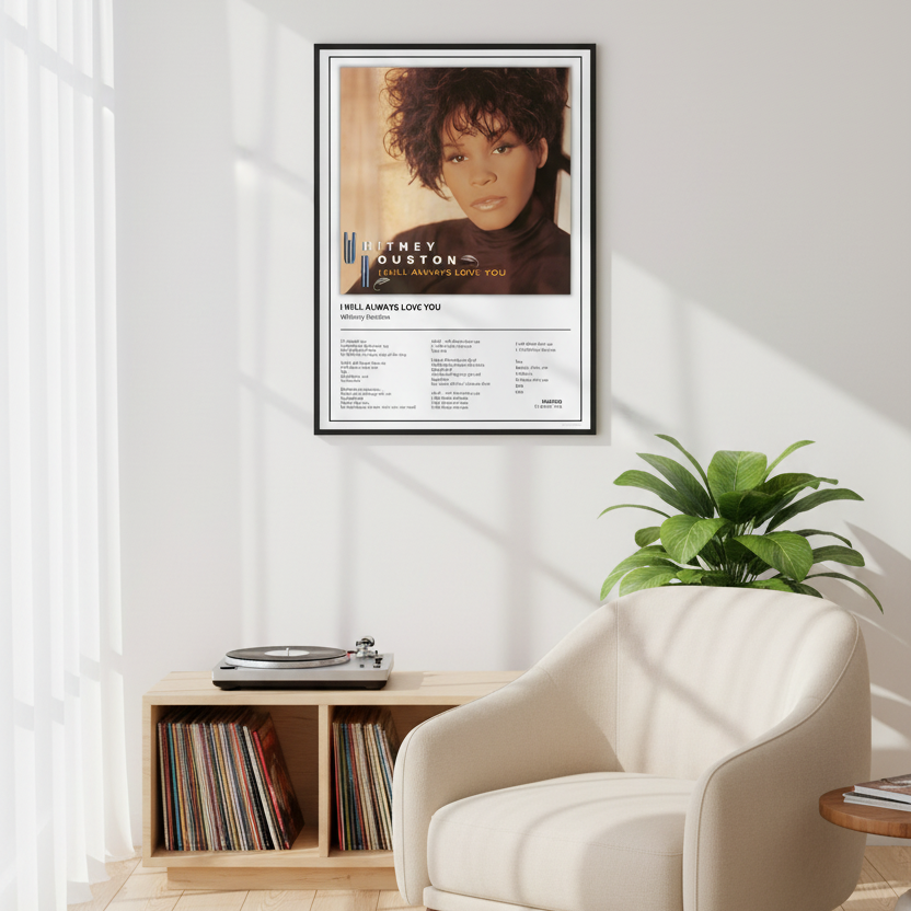 A framed Whitney Houston 'I Will Always Love You' music poster is displayed leaning against a white paneled wall on a light wood floor, with soft sunlight casting shadows across the scene.