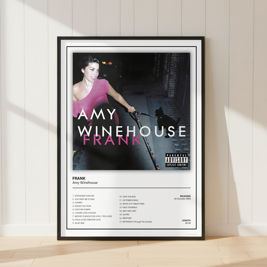 A framed music poster of Amy Winehouse's album 'Frank' leaning against a white paneled wall on a light wood floor, with soft window shadows cast across the scene.
