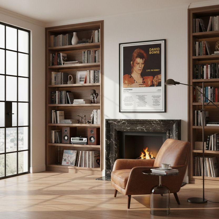 A framed David Bowie 'Live on Broadway' poster hangs above a black marble fireplace in a modern living room with wooden bookshelves, a brown leather armchair, and a lit fire.