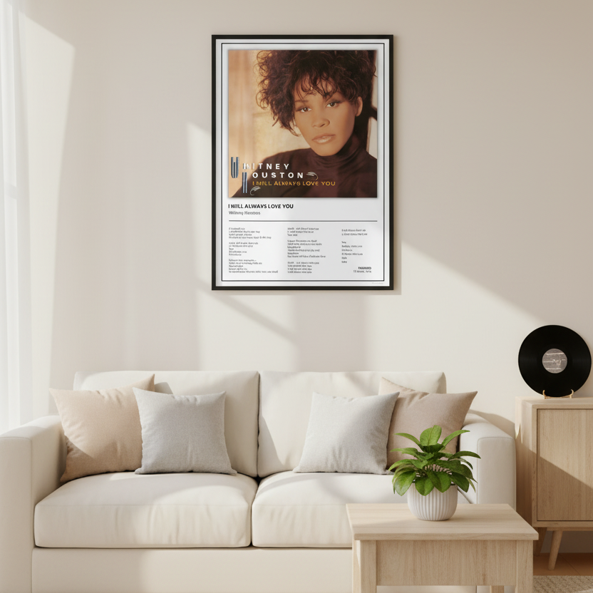 A framed Whitney Houston 'I Will Always Love You' music poster is displayed leaning against a white paneled wall on a light wood floor, with soft sunlight casting shadows across the scene.
