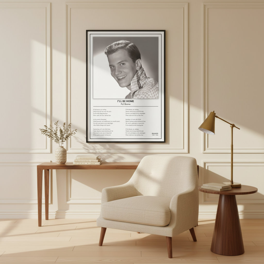 A framed black-and-white Pat Boone 'I'll Be Home' song poster is displayed leaning against a white paneled wall on a light wood floor, with soft window shadows cast across the scene.