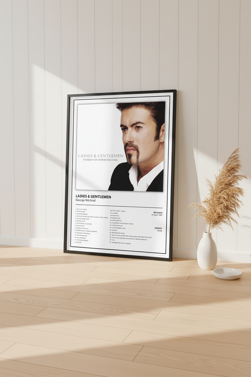 A framed music poster of George Michael's album 'Ladies & Gentlemen' leaning against a white paneled wall on a light wood floor, with soft sunlight casting shadows.
