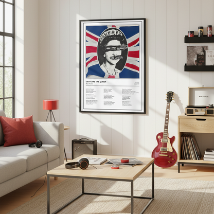 A framed music poster of Queen's 'God Save the Queen' leaning against a white paneled wall on a light wood floor, featuring a stylized portrait over a Union Jack background.