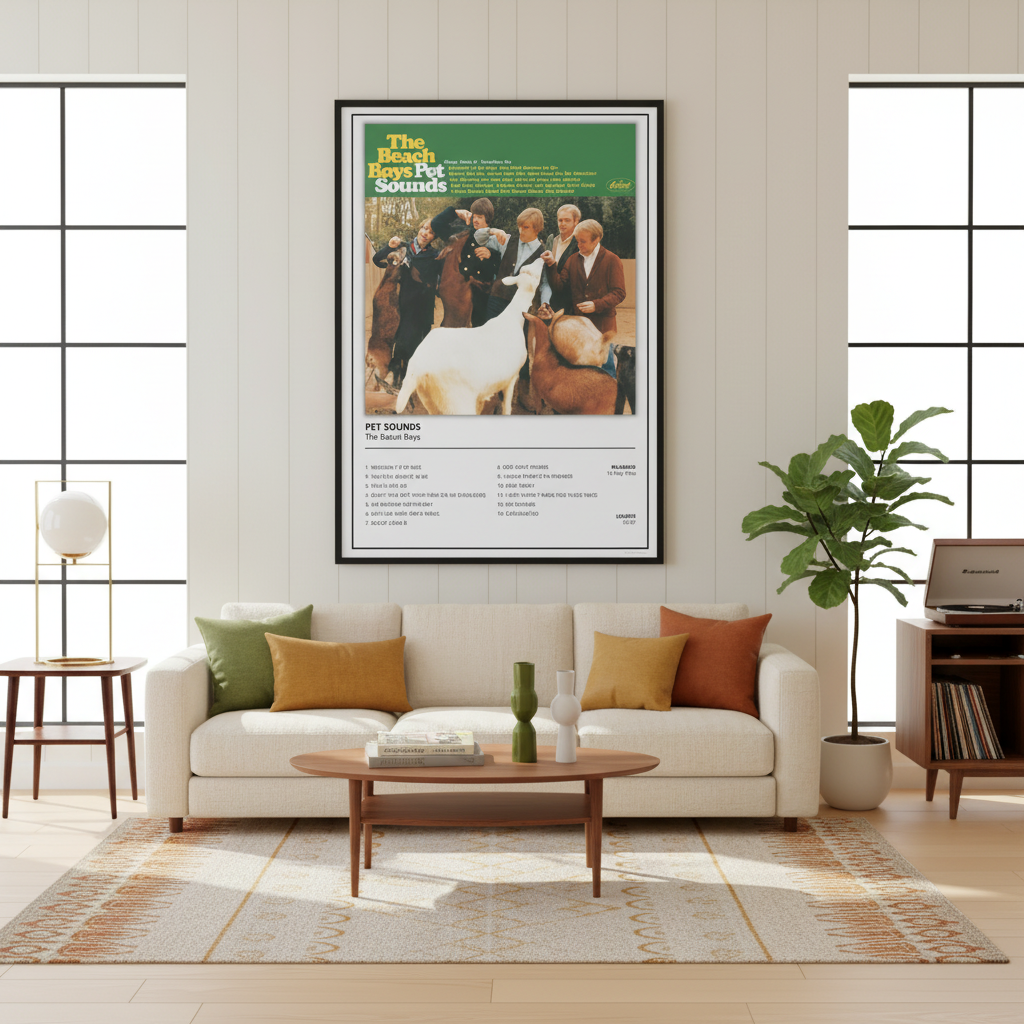 A framed vintage-style movie poster for 'The Beach Boys Pet Sounds' hangs on a white paneled wall above a cream sofa in a styled living room with green and mustard pillows, a coffee table, and a potted plant.